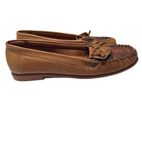 EJX Leather Upper Vintage Style Brown Leather Moccasin Loafers Flats Bow Slip On - Picture 5 of 8